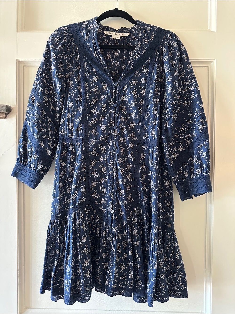 Veronica Beard Navy Floral Tiered Button-Front Dress